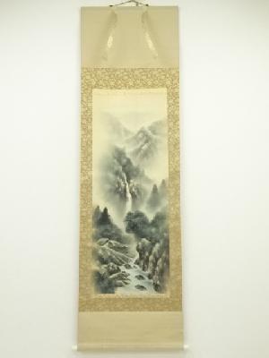 抱雲筆　彩色山水　肉筆絹本掛軸（共箱）